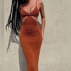 Mokfe Brown Cut Out Midi Dress Cover Up Size Small Swimsuit Cover Boho Beach